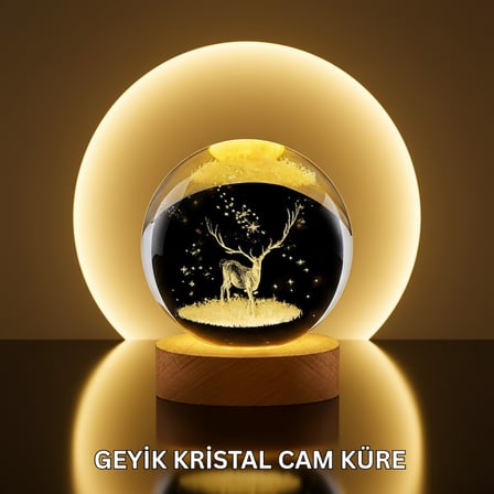 Doğal Ahşap Standlı Geyik Figürlü Kristal Küre LED Dekoratif Lamba - Lisinya