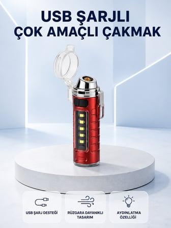 Usb Şarjlı Rüzgar Geçirmez Elektrikli Çakmak El Fenerli - Lisinya