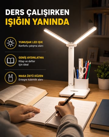 Kalemlik ve Telefon Standlı Masa Lambası – Kısılabilir LED Işık, Göz Dostu Tasarım Yeni Nesil - Lisi
