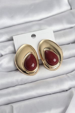 Pirinç Gold Renk Bordo Taşlı Damla Model Vintage Kadın Küpe - Lisinya