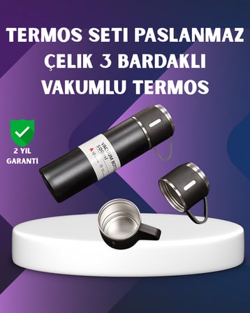Paslanmaz Termos ve İkili Bardak Seti | 6-12 Saat Sıcak/Soğuk Tutma - Lisinya