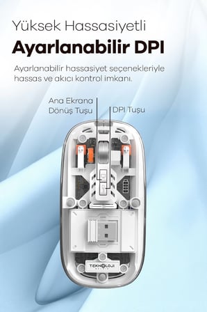 Bluetooth USB Çift Modlu Sessiz Mouse, Şeffaf Mıknatıslı Kapaklı, Type-C Şarjlı, DPI Ayarlı, Kablosu