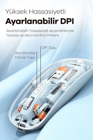 Bluetooth USB Çift Modlu Sessiz Mouse, Şeffaf Mıknatıslı Kapaklı, Type-C Şarjlı, DPI Ayarlı, Kablosu