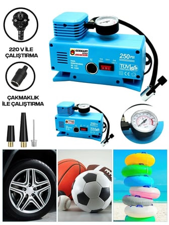 220 Volt-12 Volt 250 Psi Geniş Uygulama Yelpazesi Kompresör Lastik Hava Şişirme Oto Pompası ( Lisiny