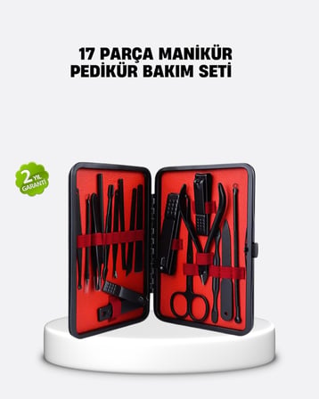 17 Parça Profesyonel Manikür Pedikür Seti Paslanmaz Çelik Siyah Kutu - Lisinya