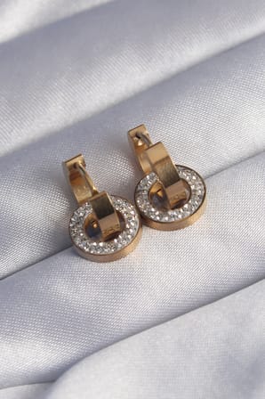 316L Çelik Gold Renk Zirkon Taşlı İç İçe Geçmeli Oval Küpe - Lisinya