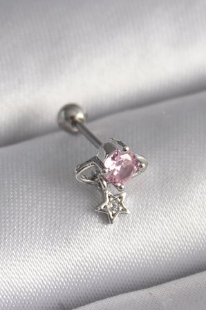 316L Çelik Gümüş Renk Pembe Zirkon Taşlı Sallantı Yıldız Detay Tragus Piercing - Lisinya