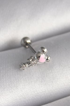316L Çelik Gümüş Renk Zirkon Taş Detay Pembe Kalp İşleme Tragus Piercing - Lisinya