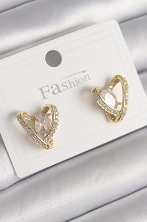 Pirinç Gold Renk Zirkon Taşlı Kalp Model Kadın Küpe - Lisinya