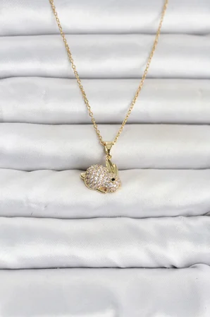 316L Çelik Zincir Gold Renk Zirkon Taşlı Tavşan Model Kadın Kolye - Lisinya