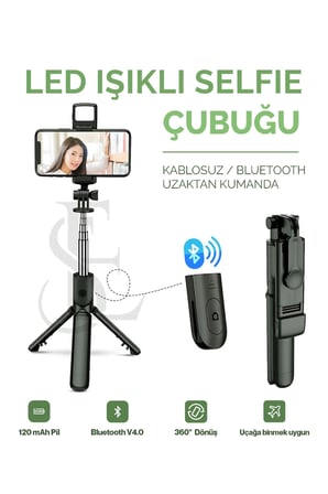 Led Işıklı Selfie Çubuğu Bluetooth Kumandalı Kablosuz Tripot Selfie Monopod Selfie Stick SİYAH ( Lis