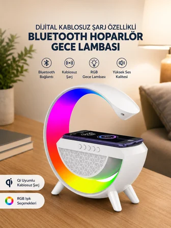 Google Dijital Kablosuz Şarj Özellikli Bluetooth Hoparlör Gece Lambası - Lisinya