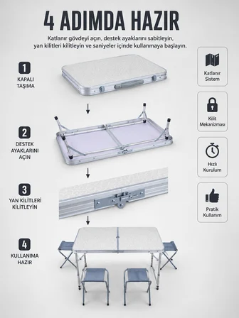 Valiz Tipi Katlanabilir Piknik Masası 4 Tabureli Taşınabilir Kamp Masası - Lisinya