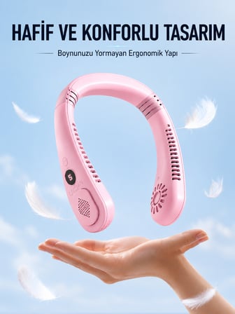 Pembe Boyun Tipi Fan USB Şarjlı Hafif Tasarım Güçlü Hava Üflemeli Serinletici - Lisinya