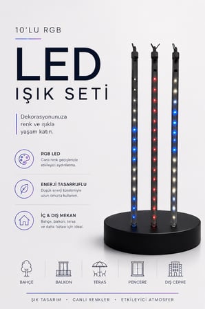 RGB LED Dış Ve İç Mekan Süsleme Işığı 10 Çubuklu Şerit - Lisinya