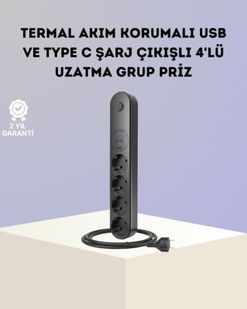 Akım Korumalı Çoklu Priz 4’lü 2 USB 1 Type-C 2500W Güçlü Tasarım - Lisinya