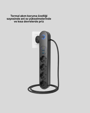 Led Anahtarlı Akım Korumalı Çoklu Priz 4 Priz 3 USB Girişli - Lisinya