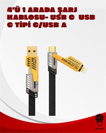 Dönüştürülebilir 4 Başlıklı Hızlı Şarj Kablosu – 1.2m, 65W, Dayanıklı ve Esnek Tasarım - Lisinya