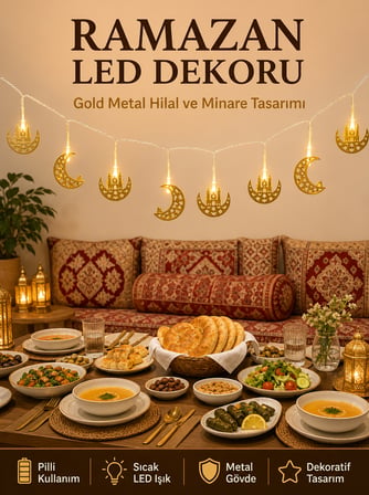 Minareli Hilal LED Işık Gold Metal Gövdeli Pilli Ramazan Dekoru - Lisinya