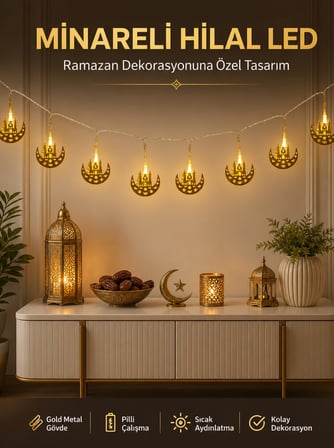 Dekoratif Minareli Hilal LED Işık Metal Gövdeli Ramazan Aydınlatma - Lisinya