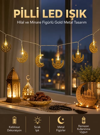 Pilli Minareli Hilal LED Işık Gold Metal Ramazan Dekorasyonu - Lisinya