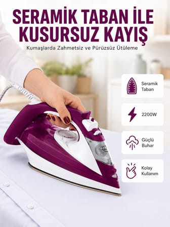 Buharlı Kablolu Ütü 2200 Watt Kireçlenme Önleyici Şok Buharlı Yeni Nesil - Lisinya