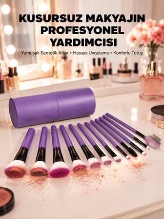 Ergonomik Saplı Fiber Kıllı 12'li Makyaj Fırça Takımı Göz ve Ten Makyajı İçin Uygun - Lisinya