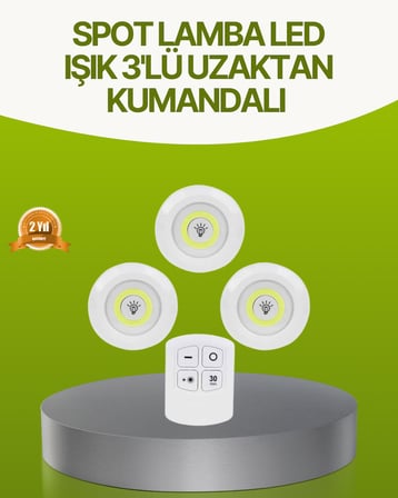 Uzaktan Kumandalı 3 Lü Kablosuz Led Spot Lamba Seti Yapışkanlı Pratik Kullanım - Lisinya