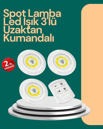 Uzaktan Kumanda İle Kontrol Edilebilen Yapışkanlı 3 Lü Kablosuz Led Spot Lamba - Lisinya