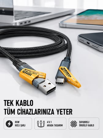 Örgülü Tasarım 4’ü 1 Arada USB-C Lightning Hızlı Şarj Kablosu - Lisinya