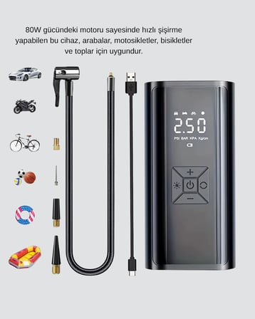 Dijital Ekranlı Kablosuz Hava Pompası LED Işıklı 12V 80W - Lisinya