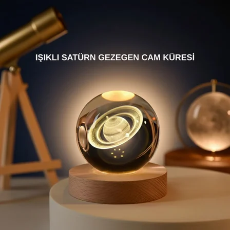 Satürn Gezegenli Kristal Küre LED Lamba USB’li Ahşap Standlı - Lisinya