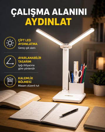 Kısılabilir LED Masa Lambası – Kalemlik ve Telefon Standlı, Göz Yormayan Işık Yeni Nesil - Lisinya