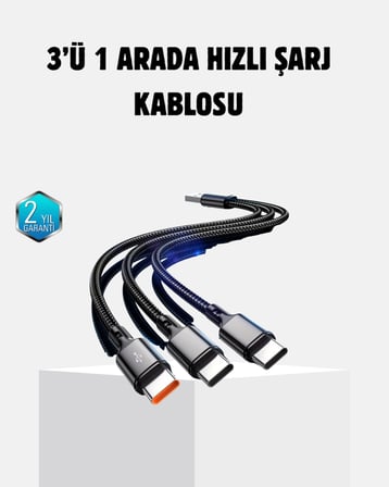 3 Başlıklı Hızlı Şarj Kablosu Metal Alaşımlı Dayanıklı ve Akıllı Çipli - Lisinya