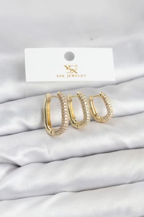 Pirinç Gold Renk Zirkon Taşlı Halka Model YSX Trio Küpe Seti - Lisinya