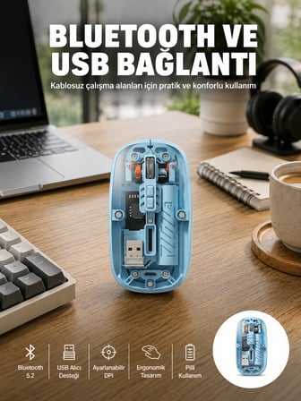 Bluetooth 5.2 Destekli Mavi Pilli Kablosuz Mouse Yeni Nesil - Lisinya