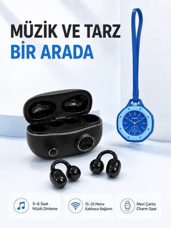 Şarj Kutulu Kablosuz Kulaklık ve Askılı Mavi Charm Saat Avantajlı İkili Set - Lisinya