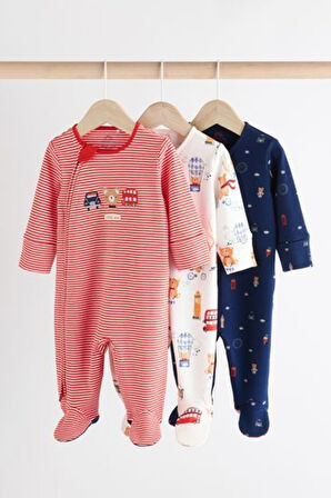 Next Baby % 100 Pamuklu Kırmızı Mavi Londra Desenli 3'lü Tulum Set