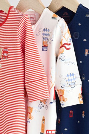 Next Baby % 100 Pamuklu Kırmızı Mavi Londra Desenli 3'lü Tulum Set