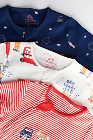 Next Baby % 100 Pamuklu Kırmızı Mavi Londra Desenli 3'lü Tulum Set