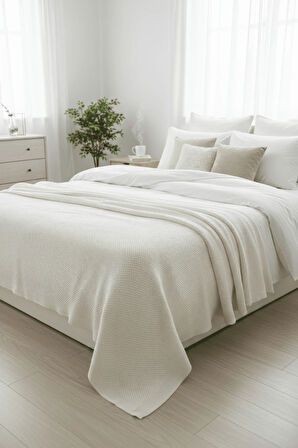 Liva Yumuşak Örgü Battaniye Düz Çift Kişilik 200x220 cm Krem | Akrilik Yatak Örtüsü – Dekoratif Şal