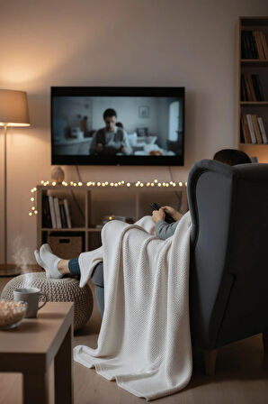 Yumuşak Örgü Battaniye Düz 130x170 cm Krem | Tek Kişilik TV Battaniyesi – Dekoratif ve Hafif