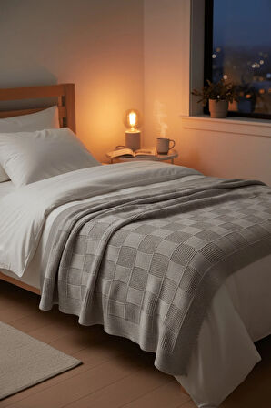 Yumuşak Örgü Battaniye Karo 130x170 cm Vizon | Tek Kişilik TV Battaniyesi – Dekoratif ve Hafif