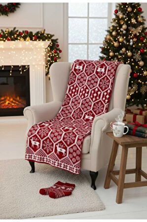 Liva Örgü Yılbaşı TV Battaniyesi 130x170 – Kırmızı Beyaz Geyik ve Kar Tanesi Desenli