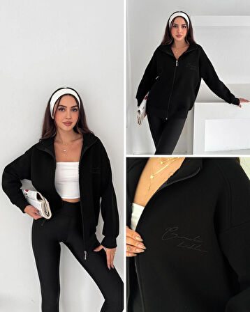 Kadın üç iplik siyah sweatshirt