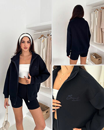 Kadın üç iplik siyah sweatshirt