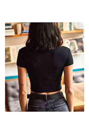 Fitilli Bisiklet Yaka Kaşkorse Crop T-Shirt