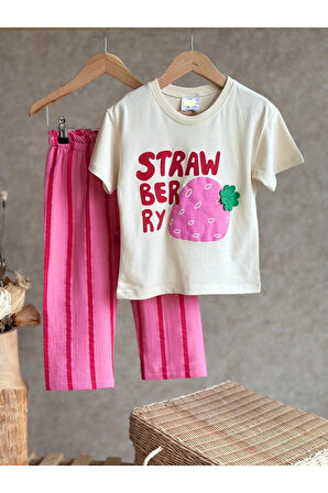 Kız Çocuk Müslin Kumaş Çizgili Jogger Pantolon Aplike 3d Çilek Detaylı T-Shirt Altüst Takım