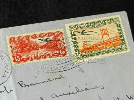 Guatemala 1943 postadan geçmiş 1,3 Centavos ve 5,15 Centavos Correo Aereo Pullu Zarf