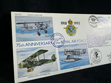 Falkland İslands İngiltere Kraliyet Hava Kuvvetleri 75. yıldönümü İlk Gün Zarfı 19993 75th Ann. of the Royal Air Force FDC Islak İmzalı Limited